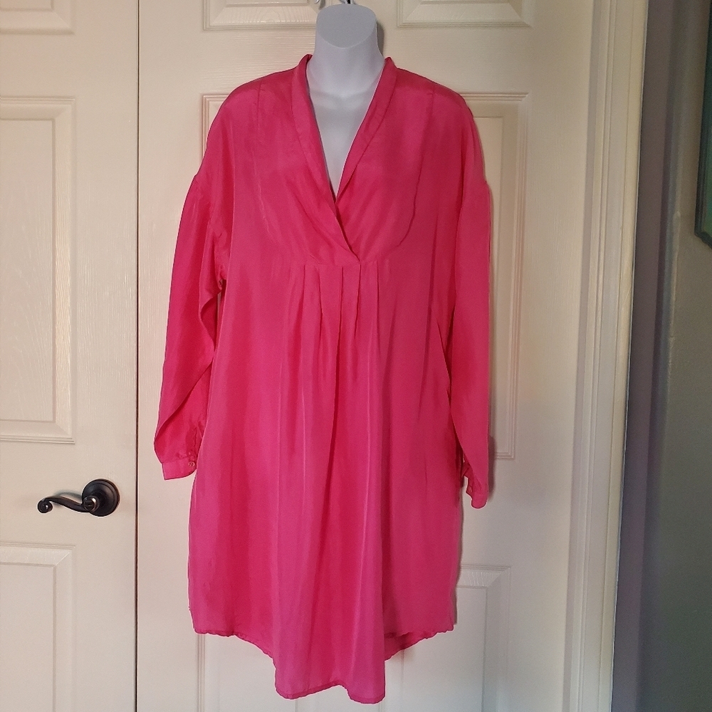 Perlita 100% Silk Babydoll Dress Pink Satin Oversized Pullover Y2K Size Medium